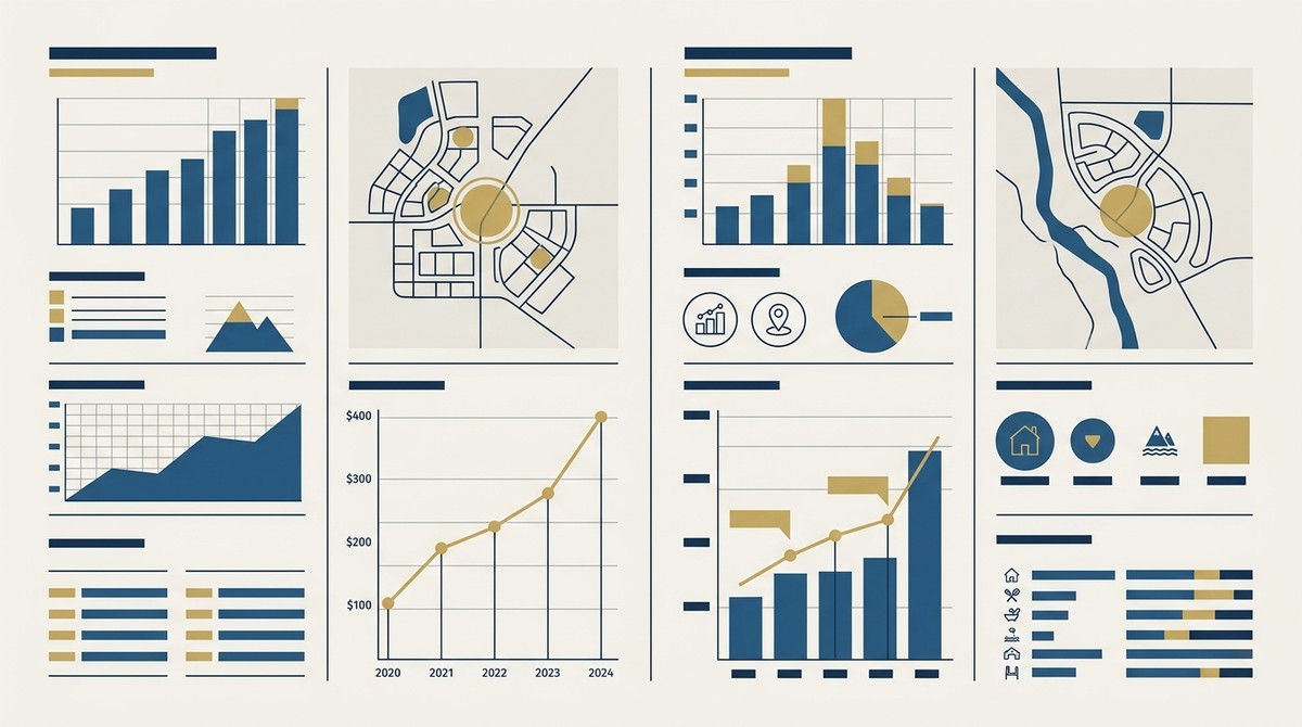 Infographic with charts, maps of Las Vegas master-planned communities, and data visualization in blue and gold.