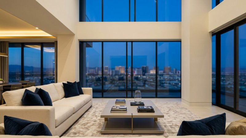 Modern living room with a beige sofa, navy pillows, and a coffee table, overlooking the Las Vegas skyline.