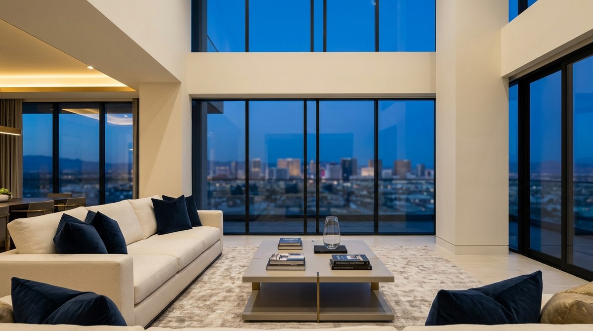 Modern living room with a beige sofa, navy pillows, and a coffee table, overlooking the Las Vegas skyline.