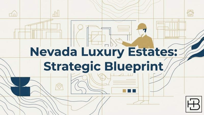 An architect points to blueprints, surrounded by modern home designs and topographic maps for Nevada custom home building.