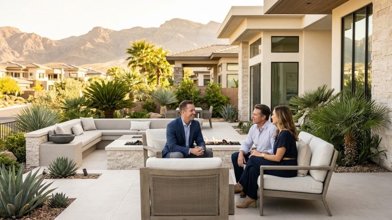 Three people chat on a patio with a fire pit, surrounded by desert plants and modern Summerlin luxury real estate.