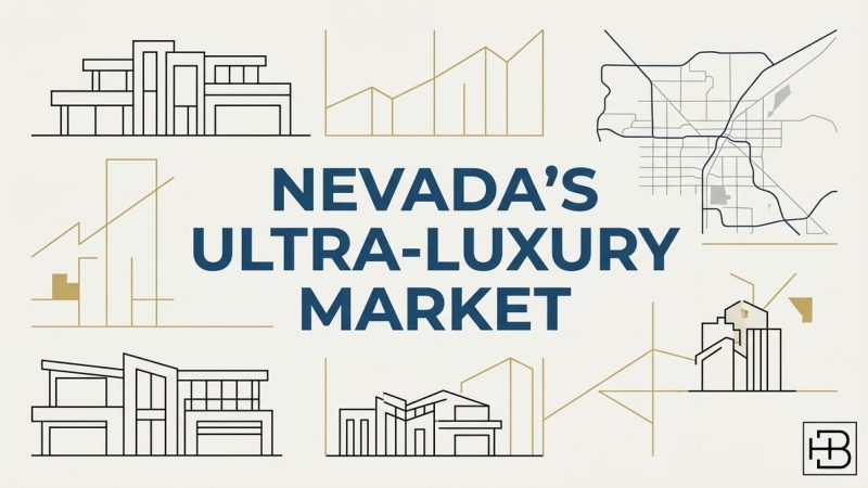 Nevada's Ultra-Luxury Market text with line art of modern homes, a Las Vegas map, and growth charts.
