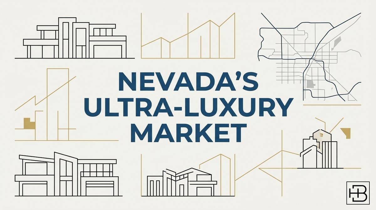 Nevada's Ultra-Luxury Market text with line art of modern homes, a Las Vegas map, and growth charts.