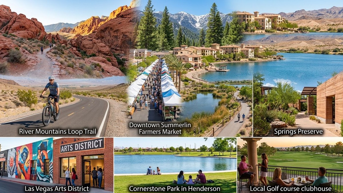 Collage of things to do in Las Vegas: biking, farmers market, parks, arts district, and golf.