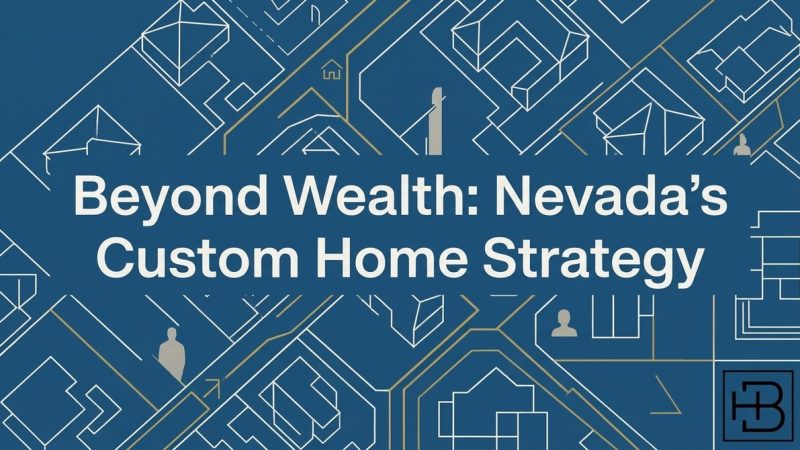 Blueprint-style graphic with white and gold lines forming abstract houses and pathways on a blue background.