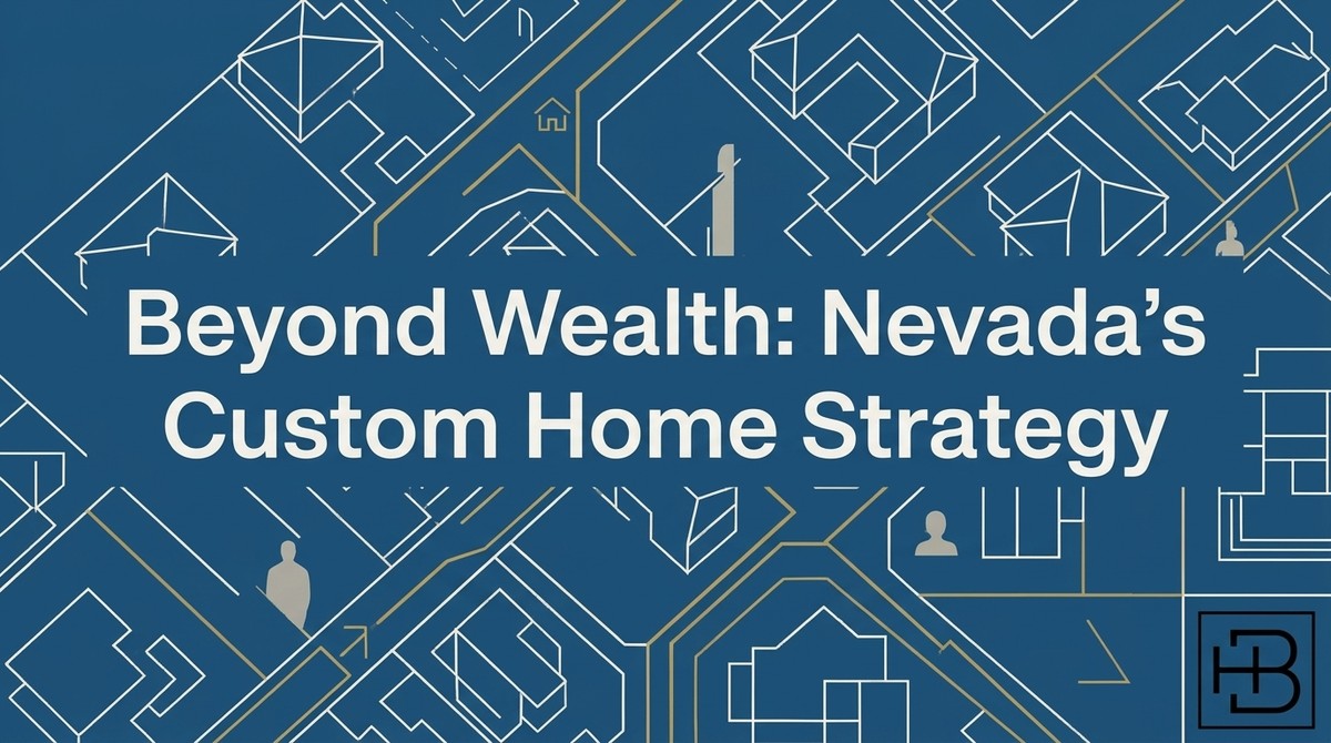 Blueprint-style graphic with white and gold lines forming abstract houses and pathways on a blue background.