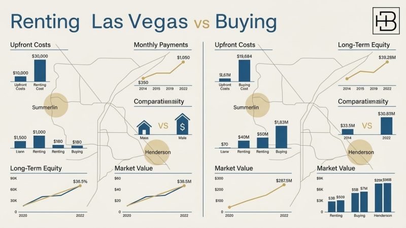 Infographic comparing renting vs. buying in Las Vegas, showing upfront costs, monthly payments, and market value.