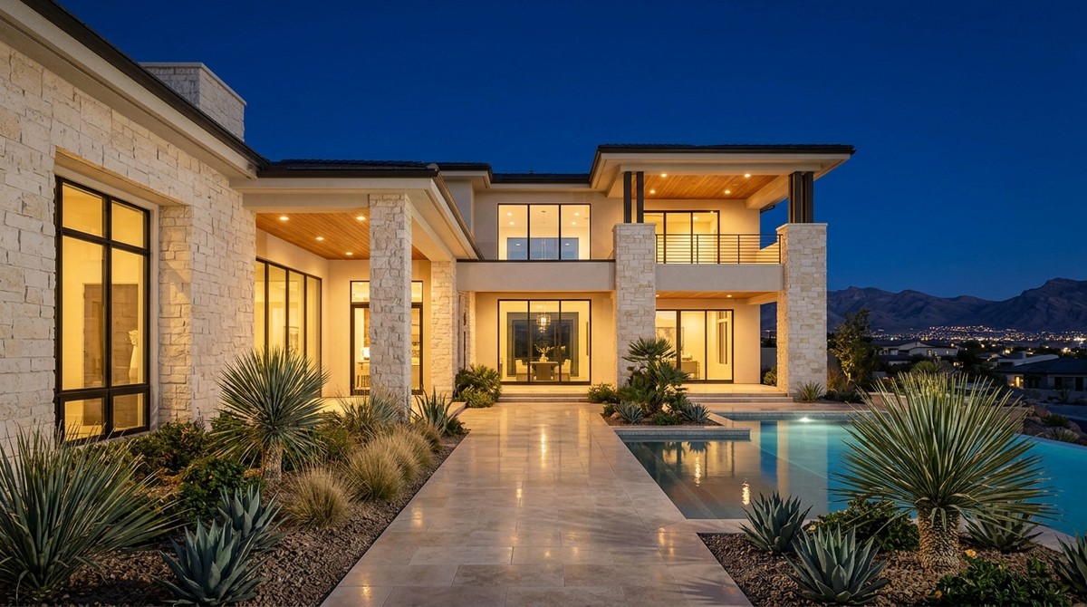 Modern luxury home with a pool and desert landscaping at dusk, city lights and mountains in the distance.