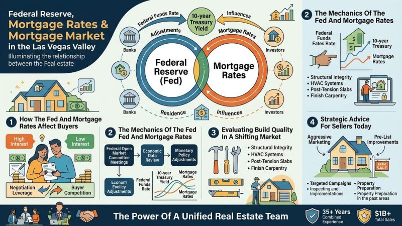 Infographic on Fed and mortgage rates, showing their relationship, buyer impact, and seller advice.
