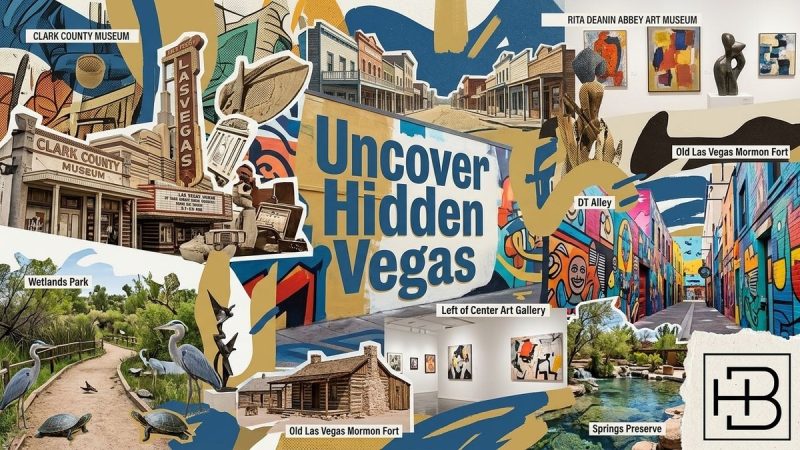 A collage of Las Vegas hidden gems: Clark County Museum, Wetlands Park, art galleries, and DT Alley.