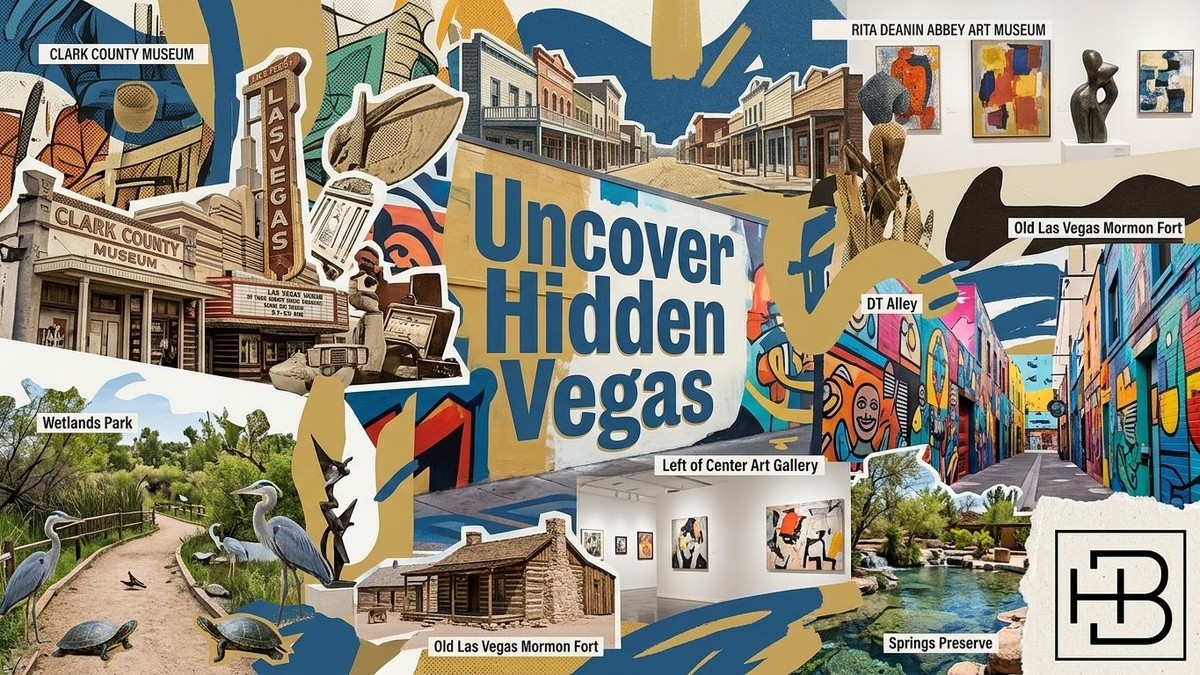 A collage of Las Vegas hidden gems: Clark County Museum, Wetlands Park, art galleries, and DT Alley.