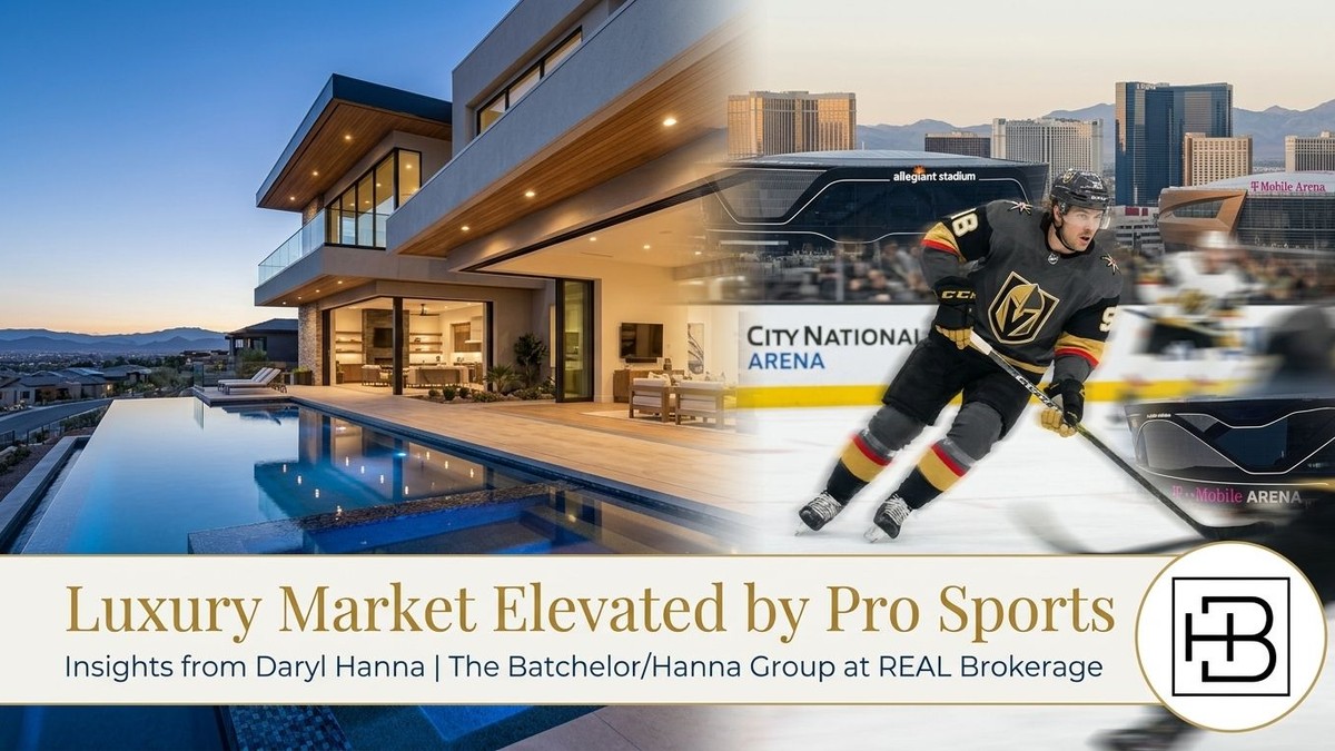 Modern luxury home with infinity pool overlooking Las Vegas, overlaid with a hockey player and stadium.