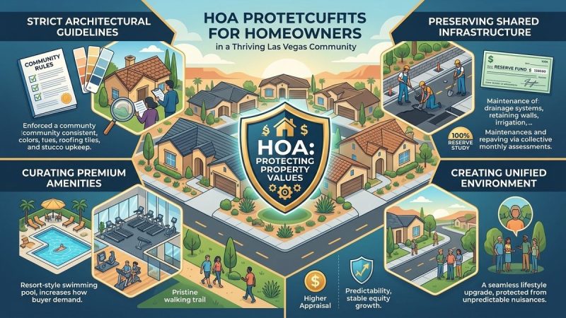 An infographic on HOA benefits, with a shield logo at the center, surrounded by houses and community scenes.