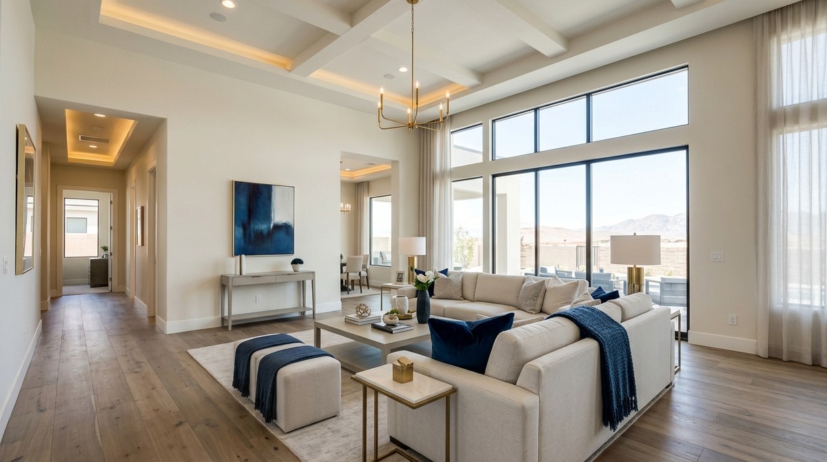 A modern living room with beige sofas, blue accents, and large windows overlooking mountains.