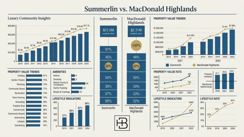 Infographic comparing Summerlin and MacDonald Highlands, two Las Vegas master-planned communities, with various property valu
