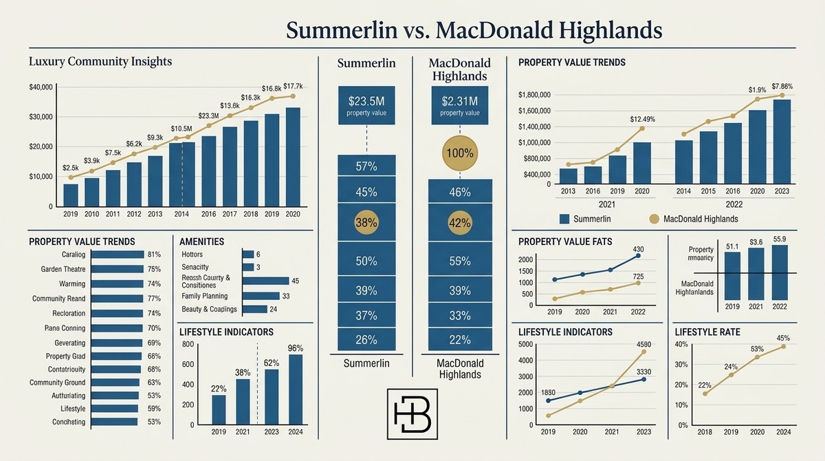 Infographic comparing Summerlin and MacDonald Highlands, two Las Vegas master-planned communities, with various property valu