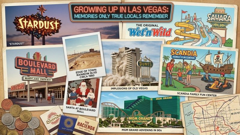 A collage of vintage Las Vegas postcards, photos, and memorabilia, including the Stardust sign and Dunes implosion.