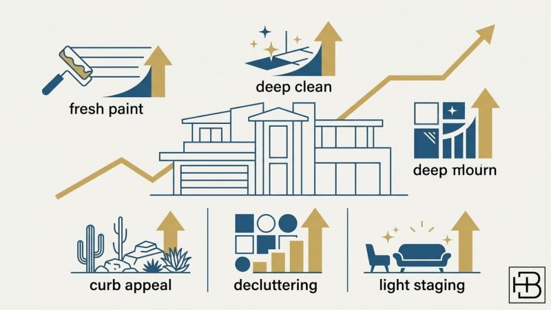 Infographic: house outline with icons for fresh paint, deep clean, curb appeal, decluttering, and light staging.