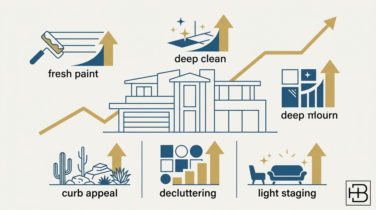 Infographic: house outline with icons for fresh paint, deep clean, curb appeal, decluttering, and light staging.