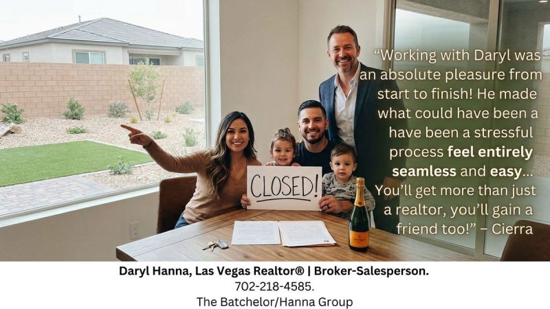 A family of four and a realtor smile around a "CLOSED!" sign, celebrating a new home purchase.